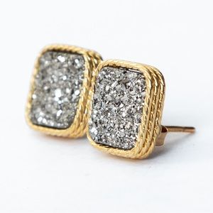 14K yellow gold stud earrings platinum tone drusy quartz by Vicenza gold